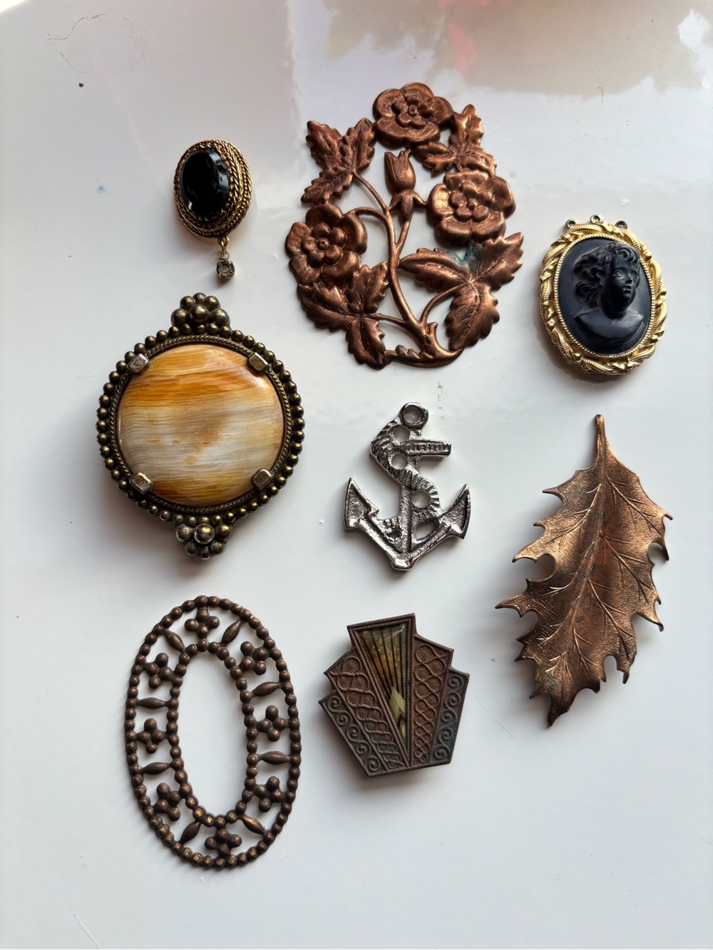 Jewelry Findings Lot Copper, Stone, Brass Oak Leaf Anchor Charms Art Deco